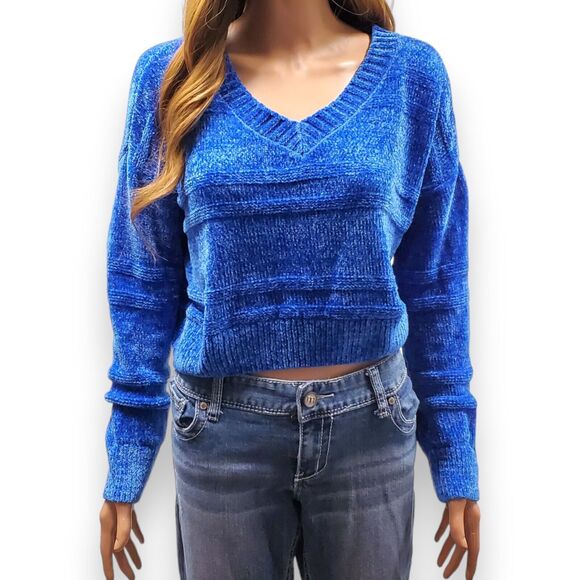 So Blue Very Soft Knit Crop Sweater Womens Over Size S Long Sleeve V Neck Bright - Picture 1 of 11